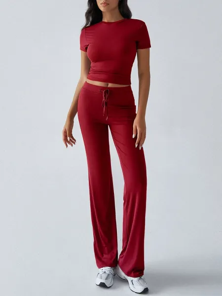 Design Cropped Tee and Wide-Leg Joggers Set Navy Blue - 22