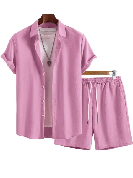 Design Lightweight Linen-Blend Shirt and Shorts Set Beige Casual Set - 10
