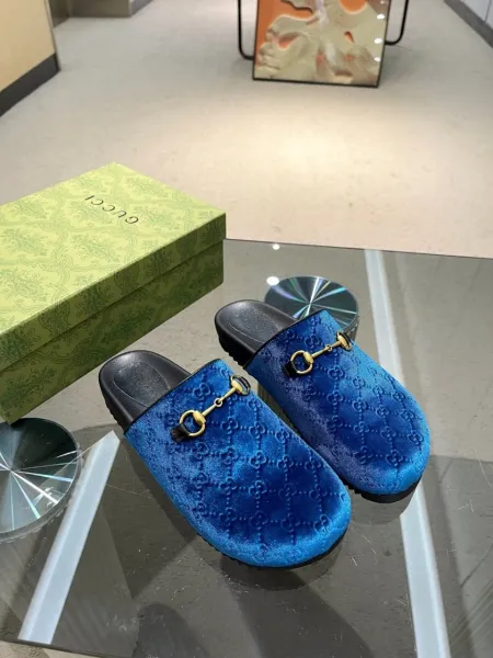 Gucci Horsebit Loafer Slide Blue Velvet Slippers - 1