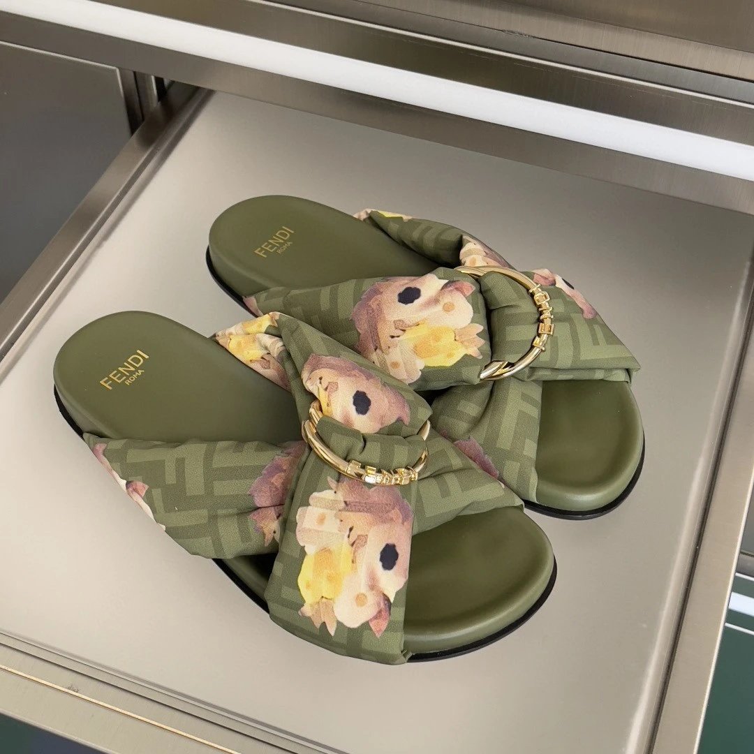 Fendi FF Logo Bow Slide Sandals Yellow and Beige Slippers - 7