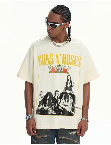 Design Guns N' Roses Band Graphic T-Shirt Beige T-Shirts - 17