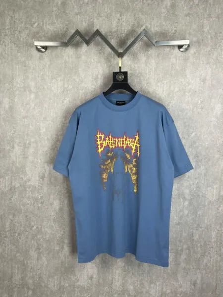 Balenciaga Logo Distortion Print Blue T-Shirt - 1