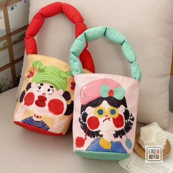 Design Cartoon Character Bucket Bag Blue Peach Multicolor - 3
