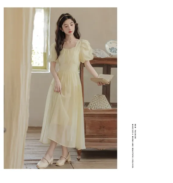 Design Yellow Puff-Sleeve Square-Neck Midi Dress - 20