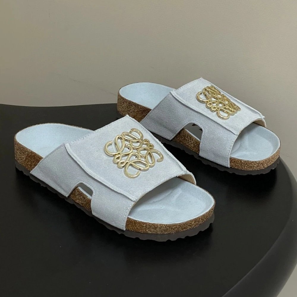 Loewe Anagram Slide Sandals White Suede with Gold Logo Slippers