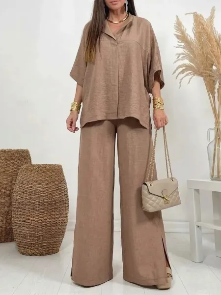 Design Linen-Blend Shirt and Wide-Leg Pants Set Blue - 5