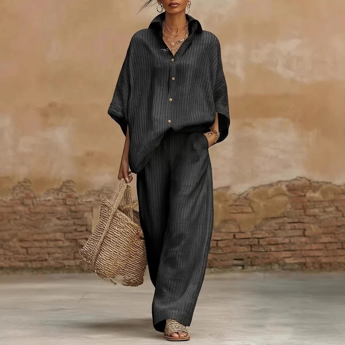 Striped Linen Blend Button-Up Shirt and Wide Leg Pant Set Casual