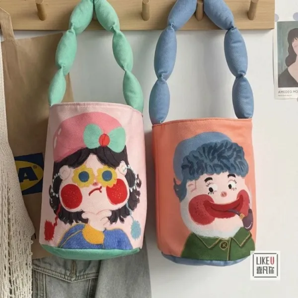 Design Cartoon Character Bucket Bag Blue Peach Multicolor - 44