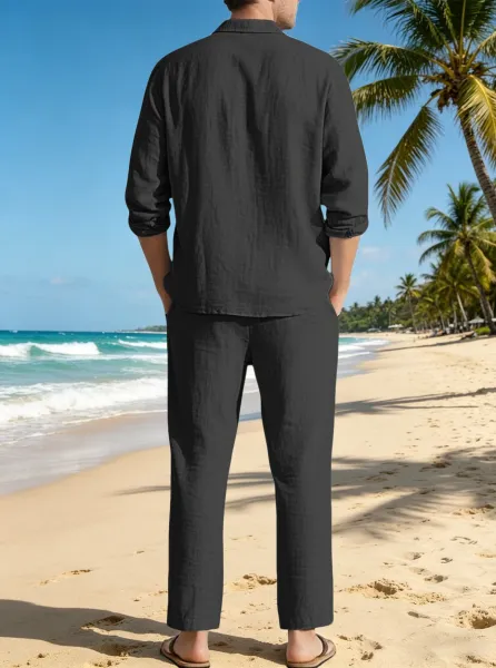 Design Linen Shirt and Drawstring Pants Set White Casual Set - 50
