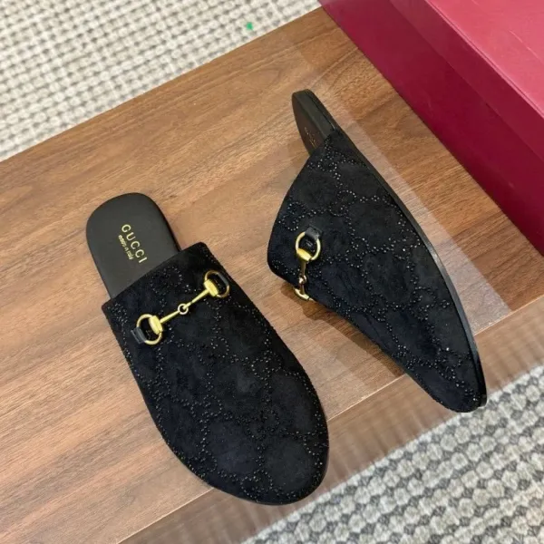 Gucci Princetown Embellished Suede Loafers Black Slippers - 1