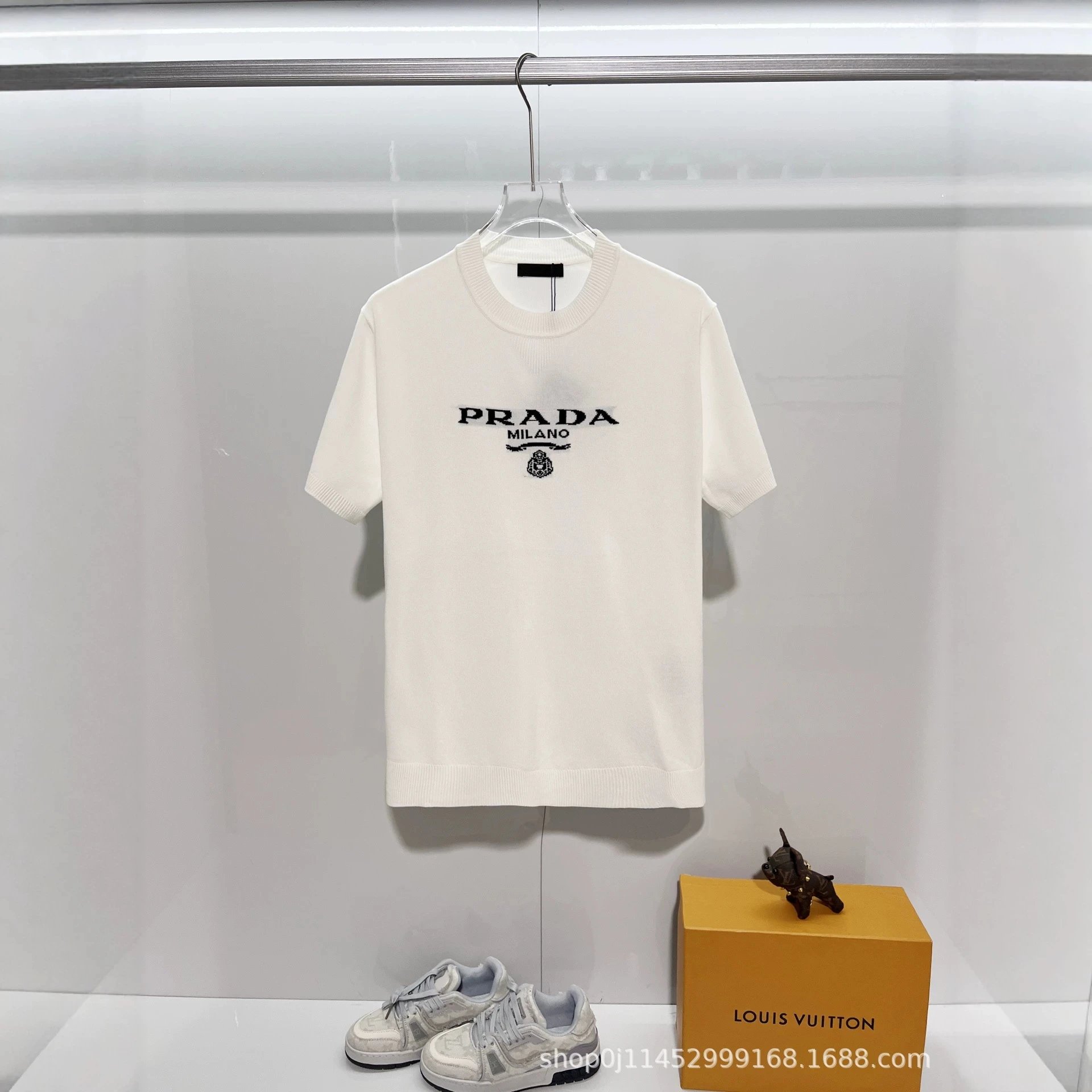 Prada Logo Embroidered White Knit Short Sleeve T-Shirt