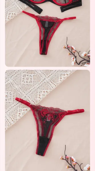 Design Elegant Lace Detailing Red and Black Floral Lace Bra and Thong Set Underwear - 10