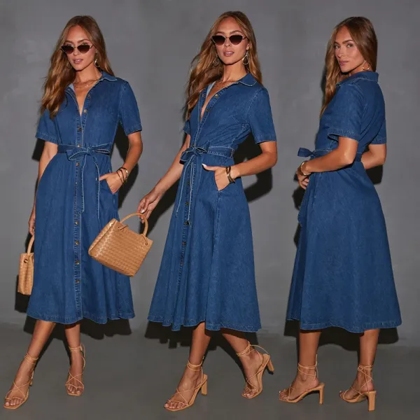 Design Denim Shirt Dress with Belted Waist in Deep Blue Dress - 18