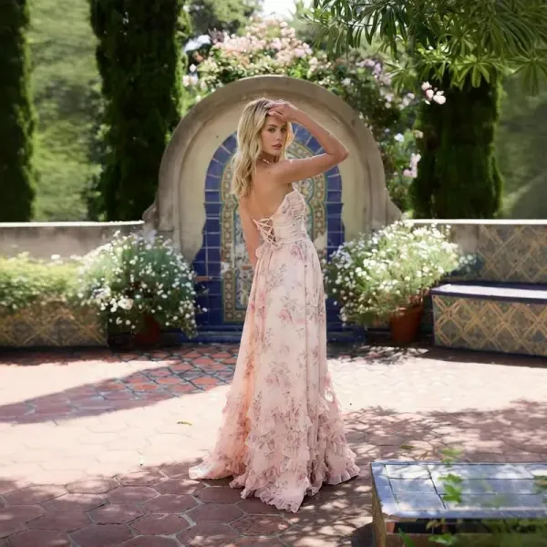 Design Floral Ruffle Maxi Dress with High Slit and Pearl Embellishment - 6