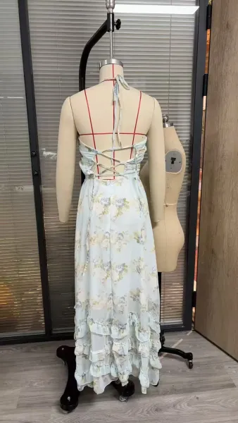 Design Floral Ruffle Maxi Dress with High Slit and Pearl Embellishment - 7