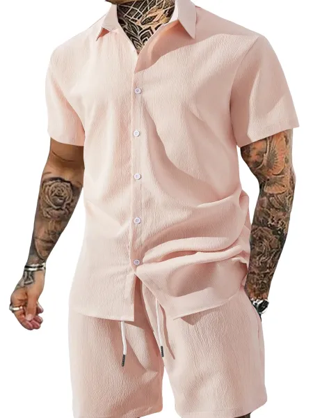 Design Lightweight Linen-Blend Shirt and Shorts Set Beige Casual Set - 11