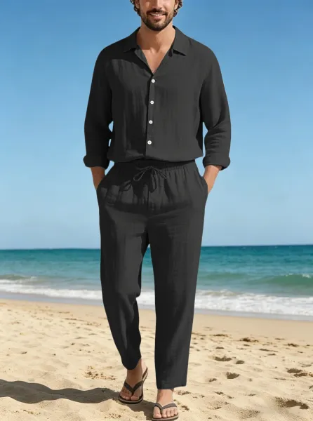 Design Linen Shirt and Drawstring Pants Set White Casual Set - 49