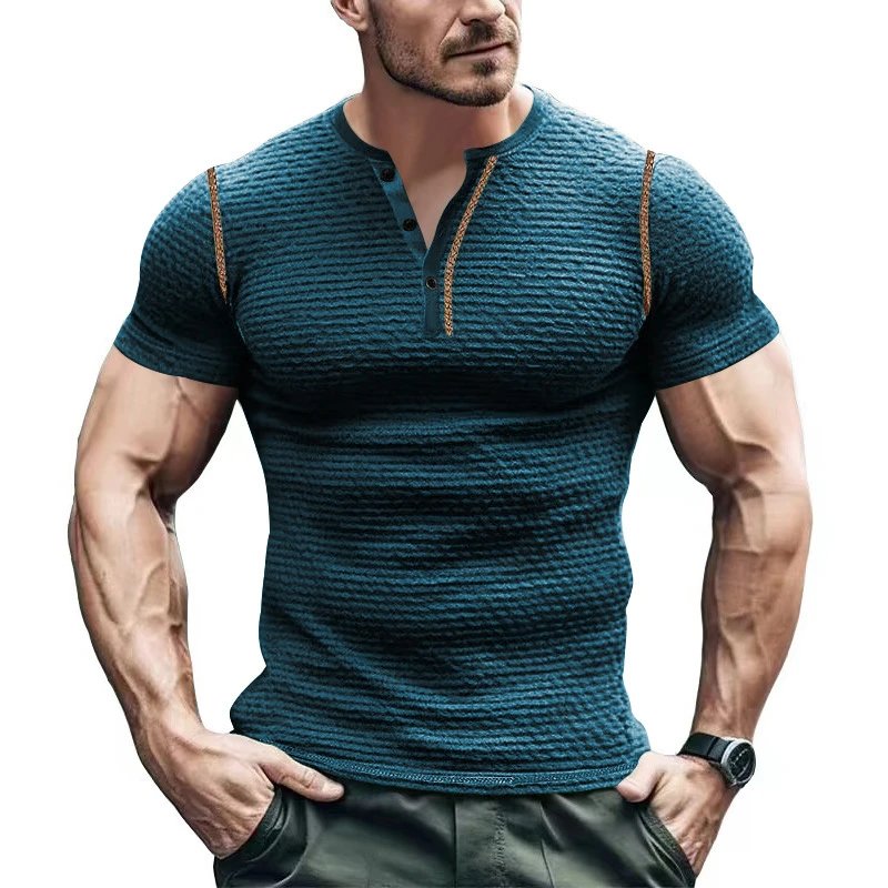 Men's Ribbed Henley T-Shirt Olive Green Athletic Fit