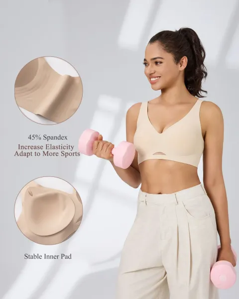 Design Seamless V-Neck Mesh-Panel Bralette Taupe Activewear - 2