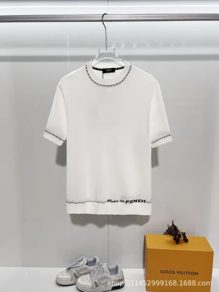 Fendi Knit T-Shirt White with Contrast Stitching - 1