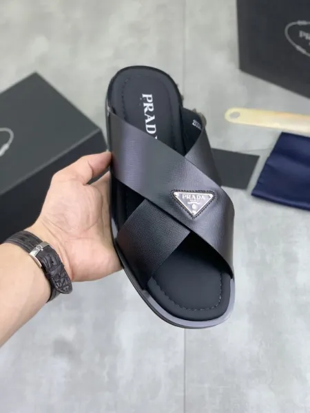Prada Logo-Embellished Cross-Strap Slide Sandals Black Slippers - 3
