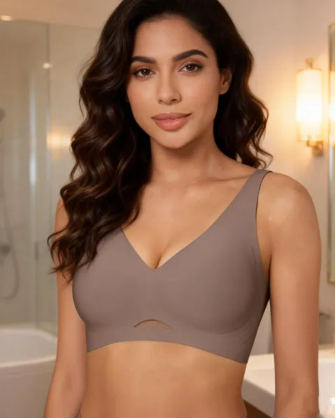 Design Seamless V-Neck Mesh-Panel Bralette Taupe Activewear - 14