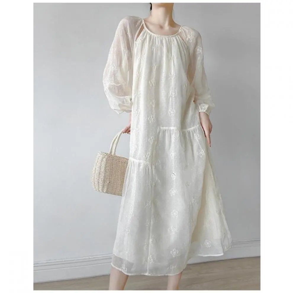 Design Embroidered Sheer Puff-Sleeve Tiered Dress in Ivory - 7