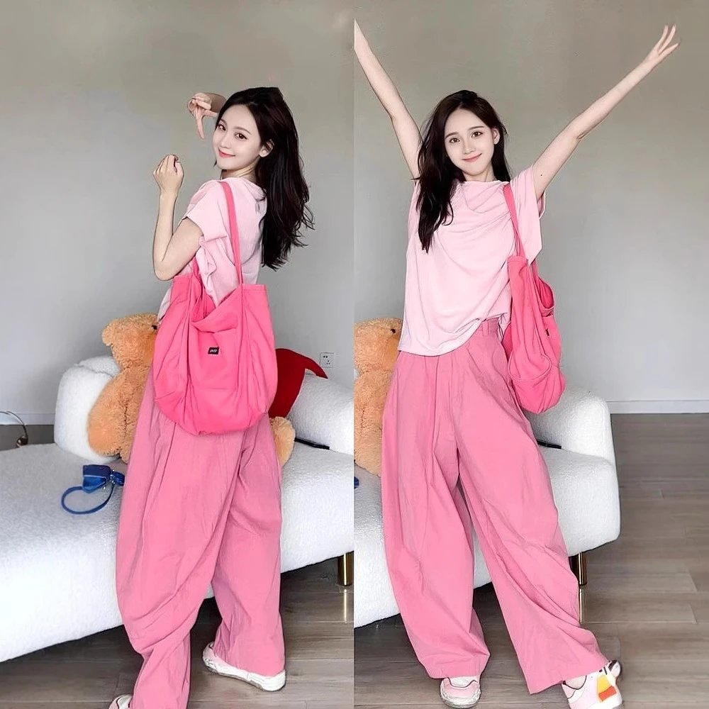 Design Oversized Layered T-Shirt and Wide-Leg Pants Set in Pink Casual Set - 12
