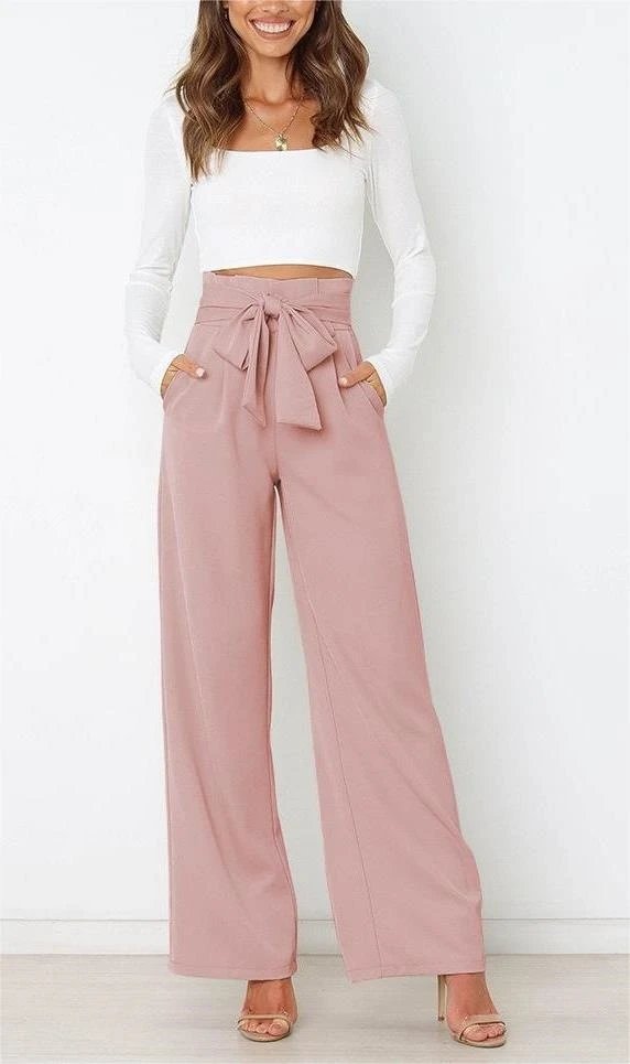 Design High-Waisted Bow-Front Wide-Leg Pants Pink