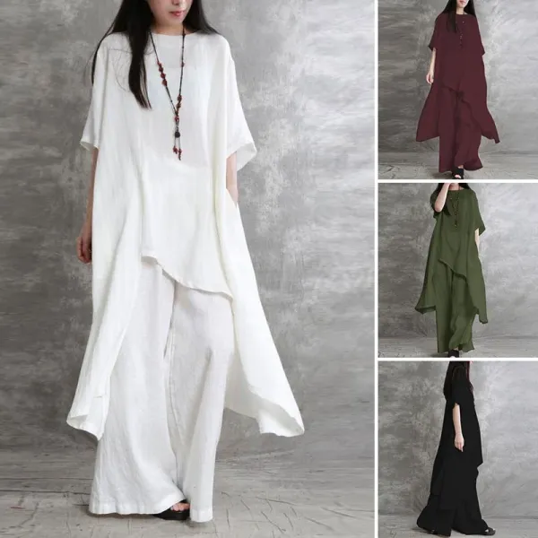 Design Loose Linen Tunic and Wide-Leg Pants Set White - 4