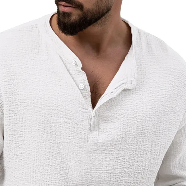 Design Linen-Blend Henley Set Beige Casual Set - 13
