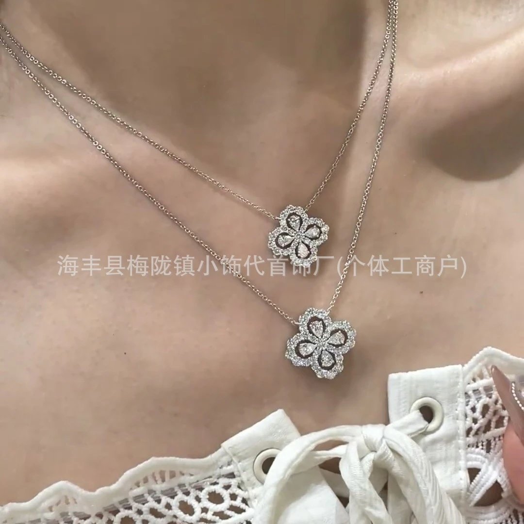 Design Floral Pendant Necklace with White Zirconia Silver Chain Jewelry - 3