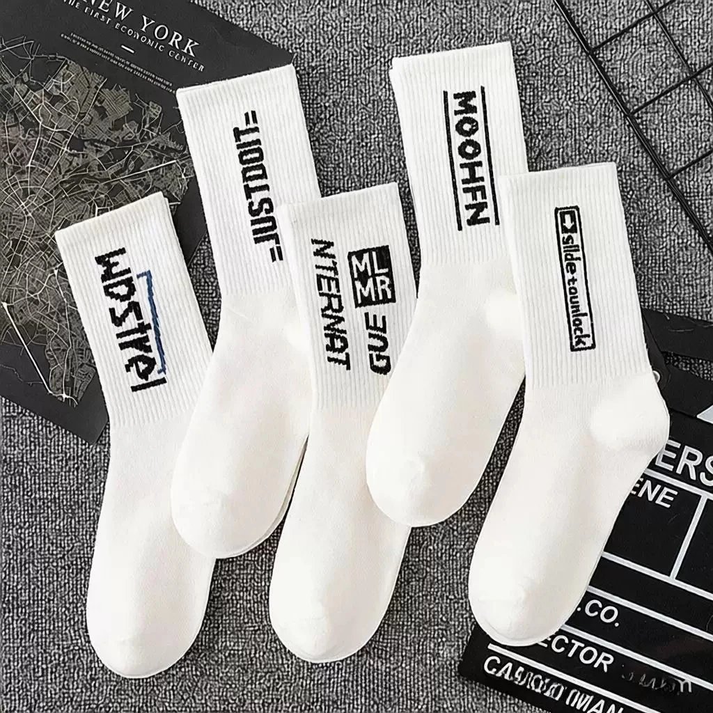 Graphic Print Crew Socks Black White Streetwear