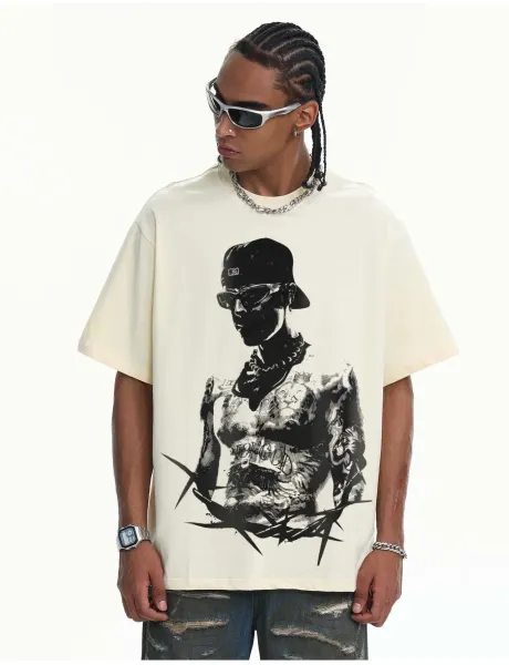 Design Graphic Print Beige Oversized T-Shirt - 17