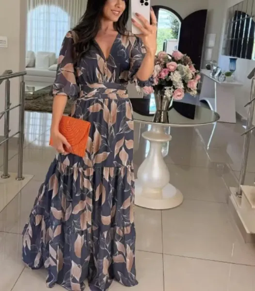 Design Floral Print V-Neck Tiered Maxi Dress in Olive Green and Pink - 8