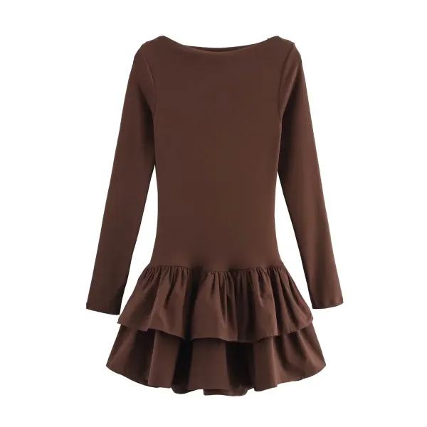 Design Ruffled Hem Long Sleeve Dress Red - 8