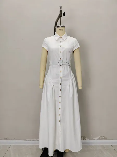 Bottega Veneta Shirt Dress in Off-White with Gold Buttons and Woven Clutch - 6