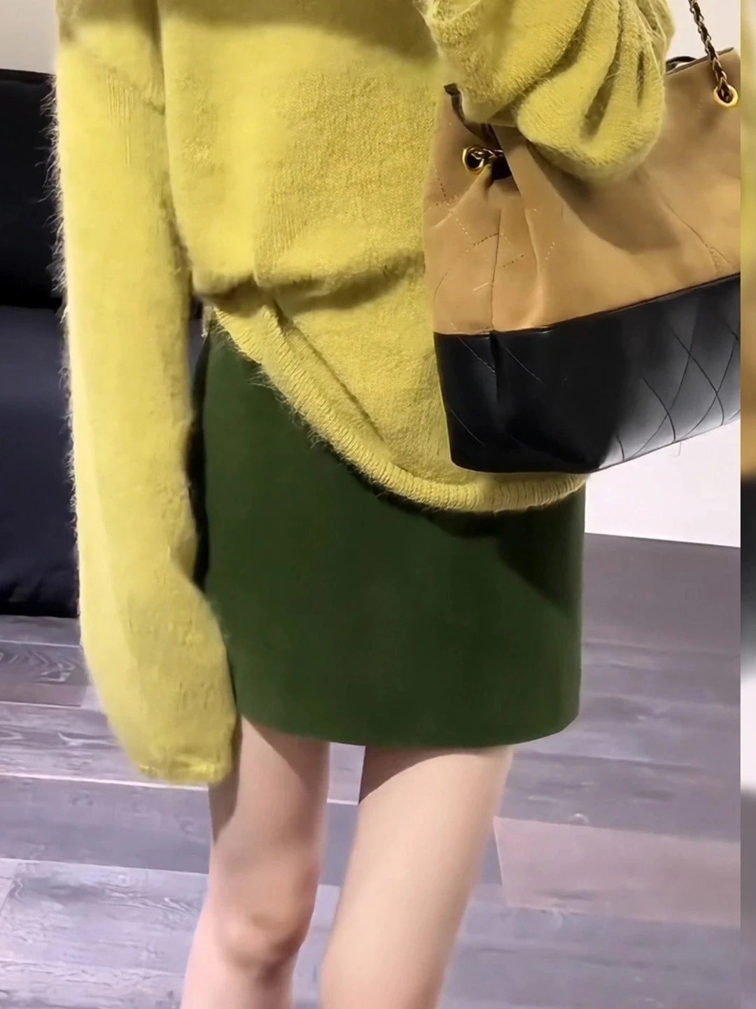 Design Knit Sweater with Pompom Details in Chartreuse and Olive Green Skirt Set - 10