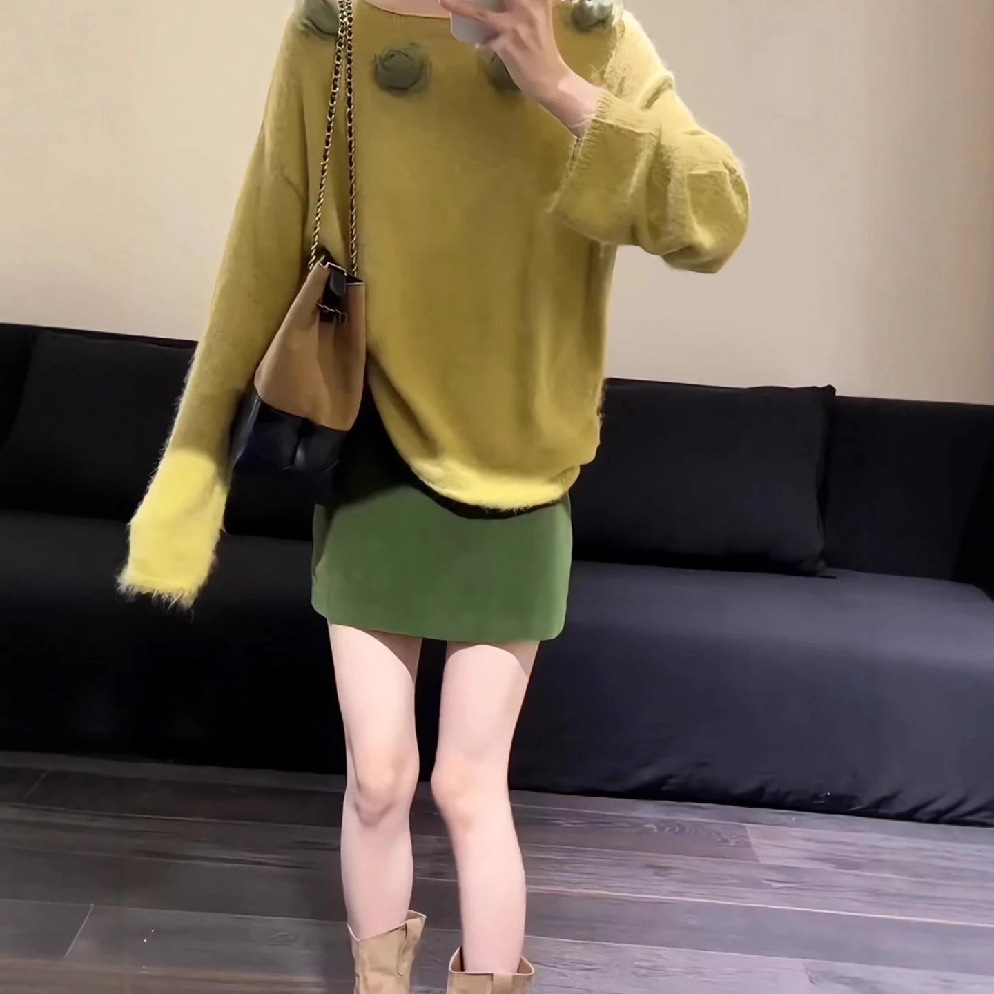 Design Knit Sweater with Pompom Details in Chartreuse and Olive Green Skirt Set - 11