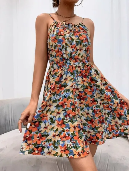 Design Floral Print Tie-Neck Midi Dress - 26
