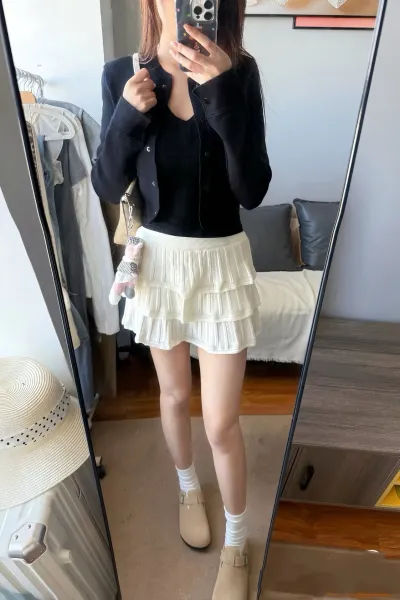 Design YOMO Tiered Knit Ruffle Skirt White Skirt - 4