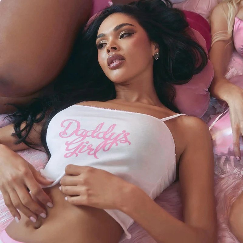 Design Daddy's Girl White Crop Top and Pink Trim Briefs Set Sets - 14