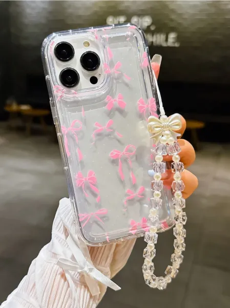 Design Clear Bow-Print Phone Case with Pearl Crystal Strap Pink Transparent Phone Case - 6