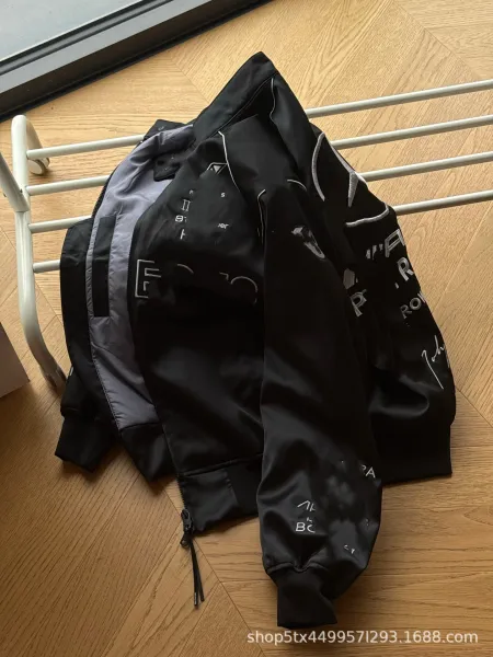 Design Satin Bomber Jacket with Abstract Text Print Black Outerwear - 6