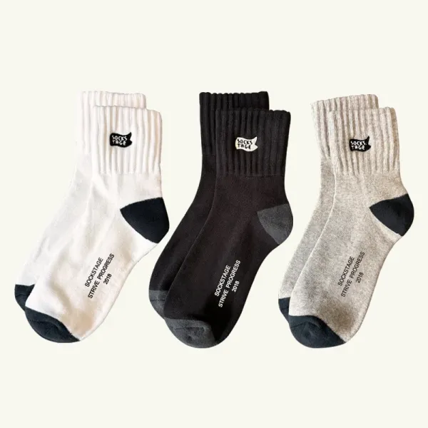 Design Ribbed Cuff Crew Socks Beige with Black Toe and Heel - 3