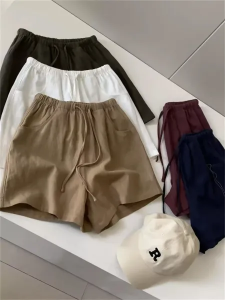 Design Linen Blend Drawstring Waist Shorts White - 5