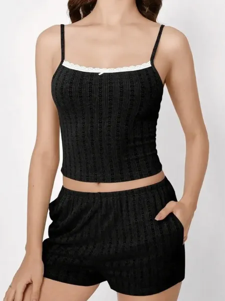 Design Lace-Trimmed Ribbed Cami Set Black Sleepwear - 7