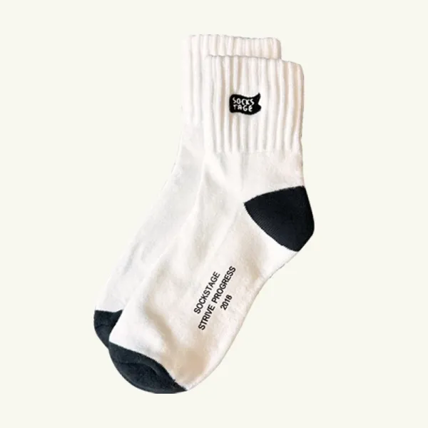 Design Ribbed Cuff Crew Socks Beige with Black Toe and Heel - 5