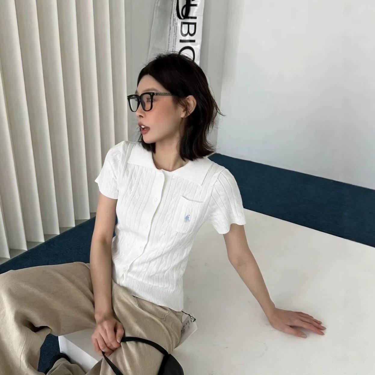 Pink Cable Knit Short Sleeve Button Up Collar Top