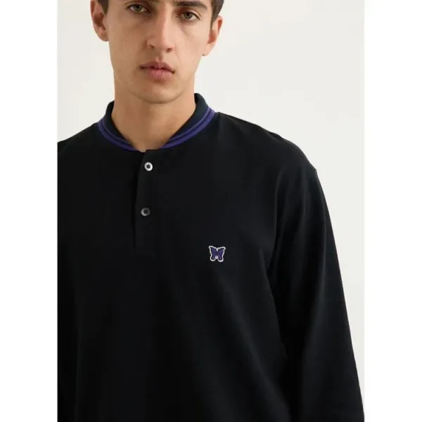 Needles Henley Long Sleeve Black Navy Trim Top - 6